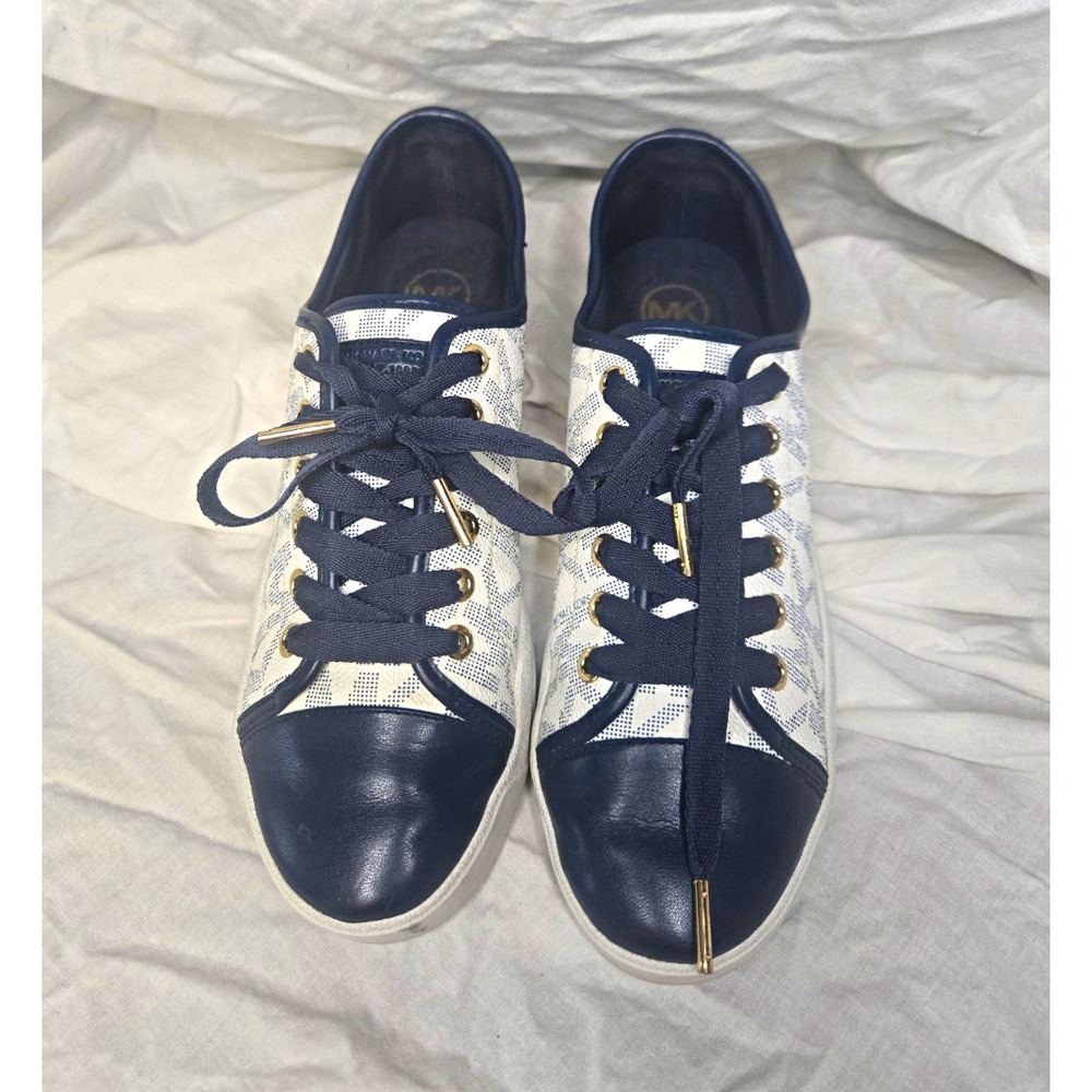 Michael Kors MK Logo Low Top Lace-Up Sneakers Navy White Womens 8.5  Gold Preppy